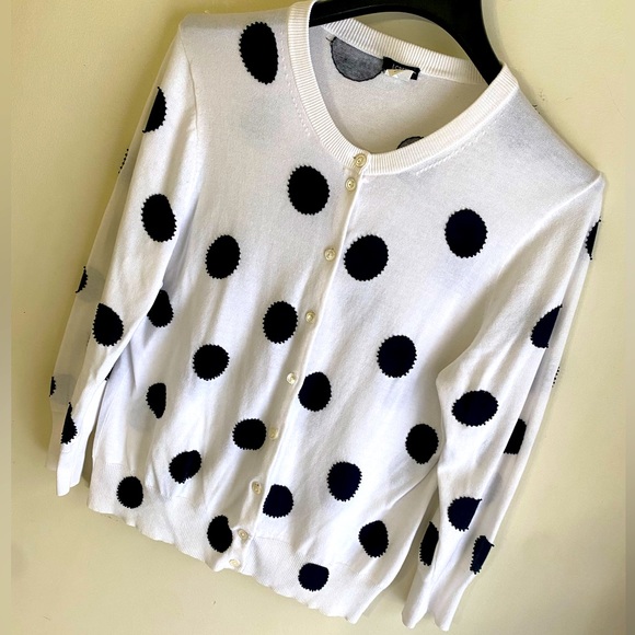 J. Crew Sweaters - J. Crew XL Classic white cardigan with black polka dots outlined in beads. EUC!